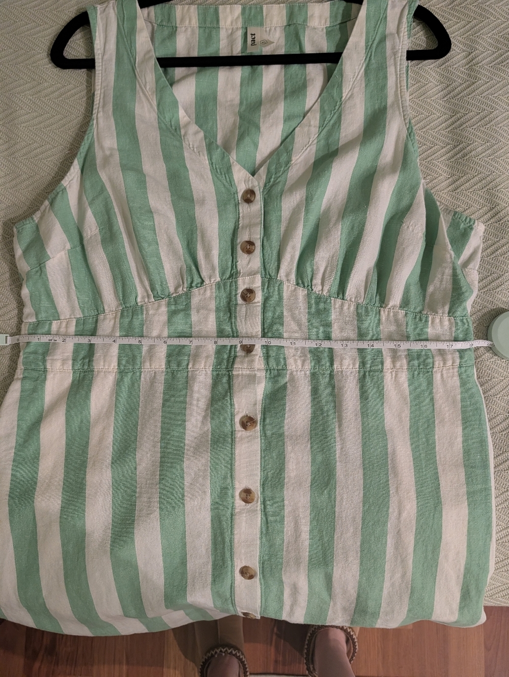 Pact Organic Cotton Linen Summer Button Front Dress With Pockets Green Stripe XL - Picture 5 of 6